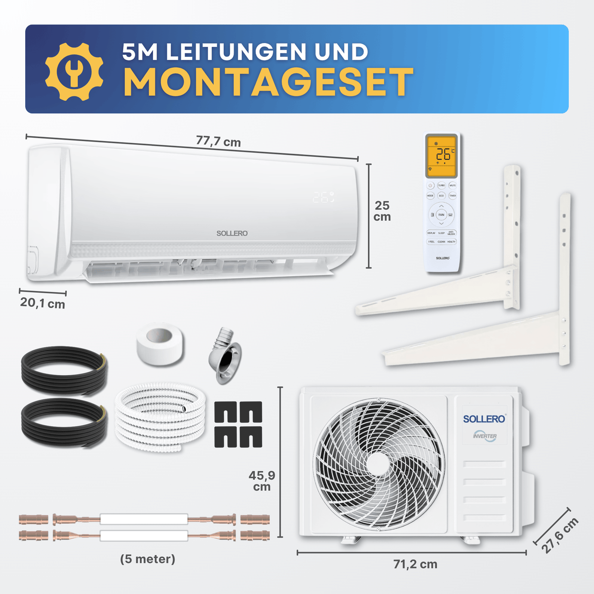 Sollero Split Klimaanlage 3,5 kW zum Kühlen und Heizen Quick Connect Set – energiesparend von Sollero