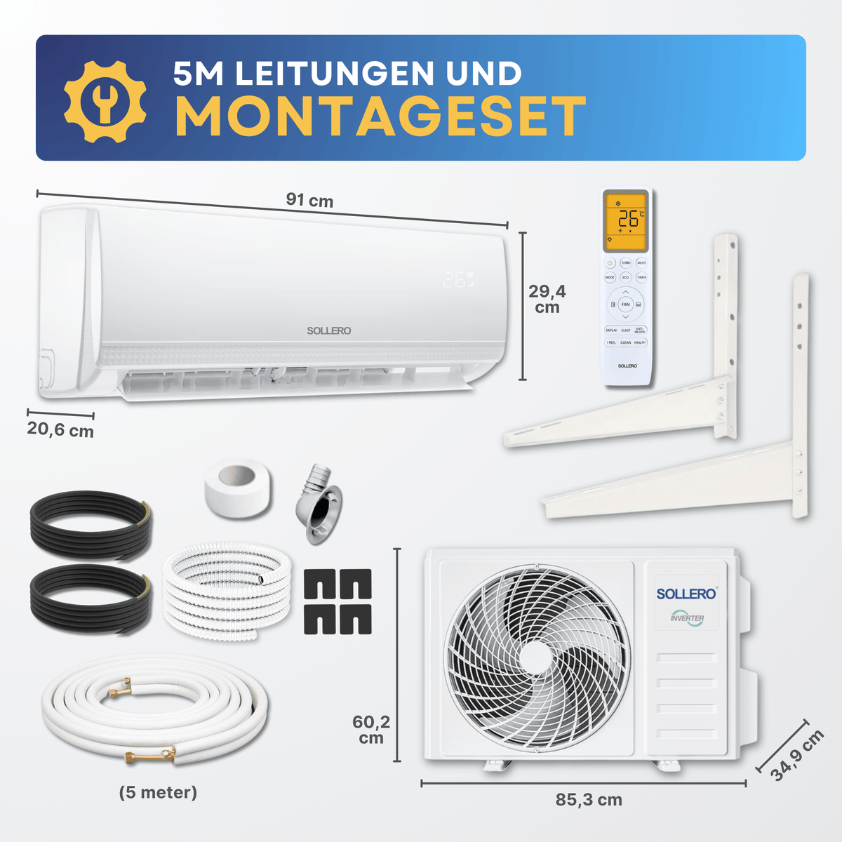 Sollero Split Klimaanlage zum Kühlen und Heizen 5,1kW inkl. Montageset – energiesparend von Sollero